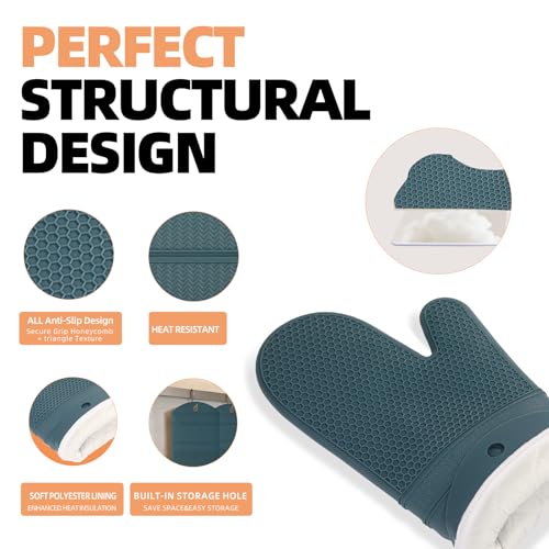 Silicone Oven Mitts (2PCS-13"L x 7"W/AGAVE-HONEYCOMB SURFACE)