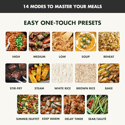 Elite 14-in-1 Nonstick 6QT Electric Slow Cooker, PFAS-Free Ceramic Multi-Cooker, In-Pot Browning, Dishwasher Safe Lid & Removable Crock, Stainless Steel Steamer, Silicone Handles, Black (6 Quarts / Black)