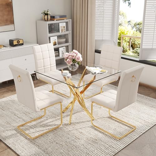 5 Piece Square Glass Dining Table Set (Square Table - 4 Gold White Chairs)