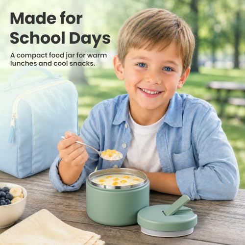 12oz Insulated Vacuum Food Jar with Buckle Lid Wide Mouth Soup Thermo for Hot Food Kids Leakproof Stainless Steel Lunch Container (Seafoam Green / 12OZ)