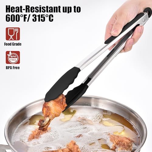 Kitchen Tongs with Silicone Tips for Cooking Serving (12in / Black)