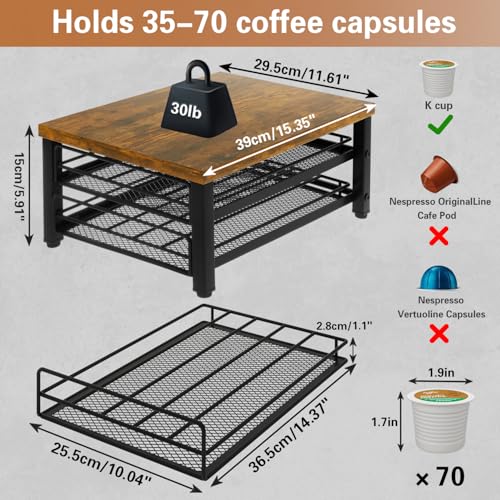 2 Tier Coffee Pod Drawer Holder for K Cup (70 Pods K Cup / Rustic Brown)