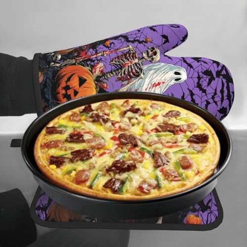 Halloween Pumpkin Oven Mitts and Pot Holder Set of 2 Spooky Ghost Bat Heat Resistant Kitchen Gloves Hot Pad for Baking Cooking Grilling BBQ (Halloween Purple)