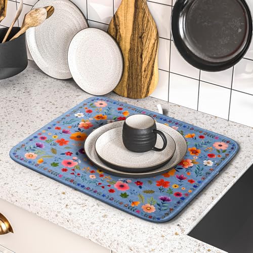 Lovely Flowers Dish Drying Mat (Wildflowers Blue / 18" x 16")