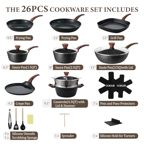 26Pcs Pots and Pans Nonstick Ceramic Cookware Set Nontoxic Kitchen Cooking Set with Steamers Utensils Induction Compatible (Black)