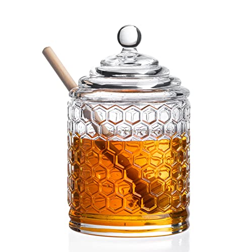 Glass Honey Pot with Beehive Lid and Wooden Dipper