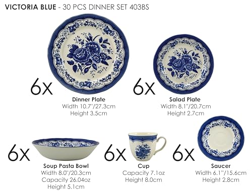 30 Piece Porcelain Dinnerware Set for 6 (30 / Victoria Blue)