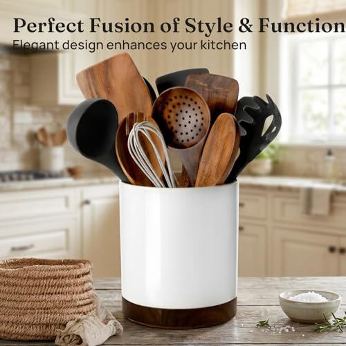 Ceramic Rotating Utensil Holder for Countertop Kitchen Organizer White (White)