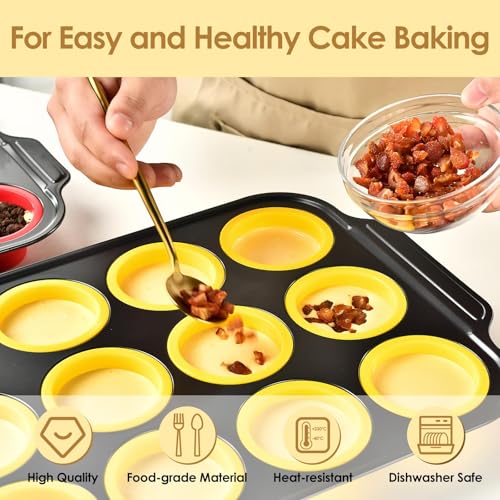 12 Cups Silicone Muffin Pans for Baking with Metal Frame (12 Cups Yellow)