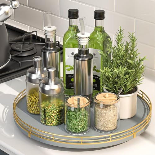 13 Inch Gray Wooden Lazy Susan Spice Organizer with Gold Rail (Gray & Gold / 13)