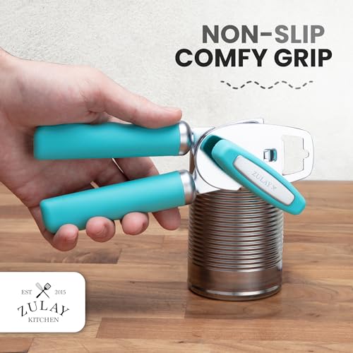 Manual Can Opener Heavy Duty Patented Stainless Steel (Turquoise / Comfy Grip)