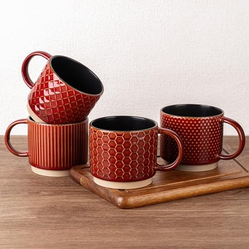 15 OZ Stackable Coffee Mugs Set of 4 (Rythmic Red / 15 Ounces)