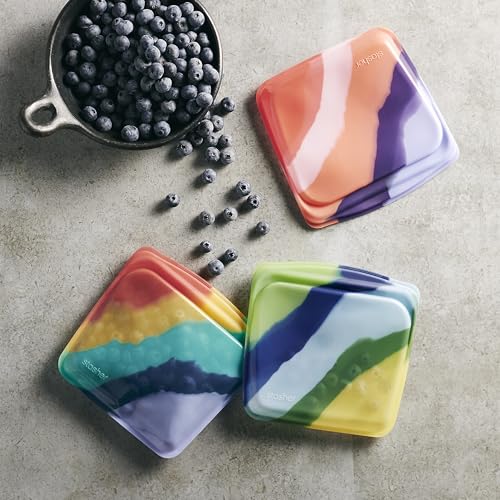 Premium Reusable Silicone Bags and Lunch Bag (Rainbow Splash + Purple Wave + Blue Current / 3-Pack)