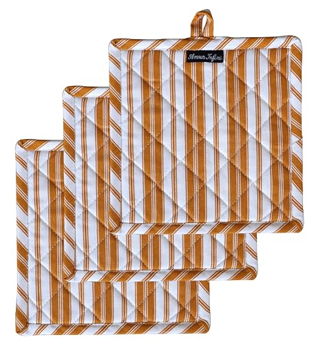 Double Stripe Pot Holders Heat Resistant Cotton Set of 3 Nonslip 8"x8" Inch Hot Pads for Kitchen (8x8 inches / Double Stripe Yellow)