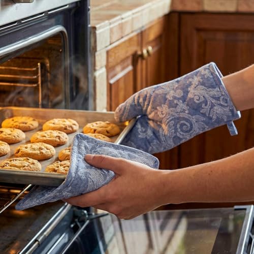 Oven Mitts and Pot Holders Set (Oven Glove + Pot Holder / Floral Blue)