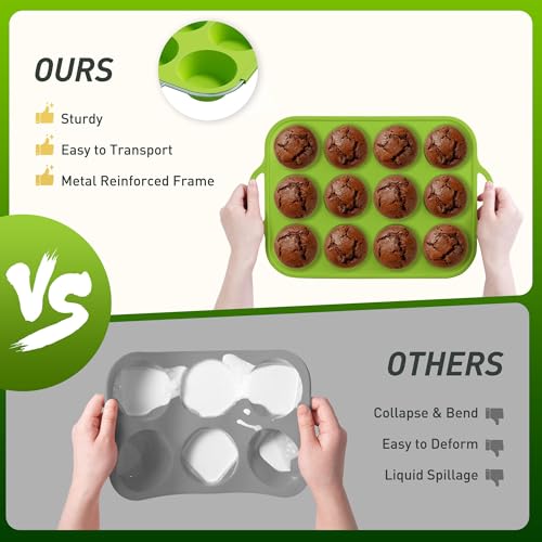 2 Packs 12 Cups Silicone Muffin Pan with Metal Reinforced Frame Regular Size Cupcake Pan Tray Egg Bites Silicone Circle Cookie Molds Muffin Tin Tart Pans Baking Sheet Set for Breakfast Sandwiches (Regular / Green)