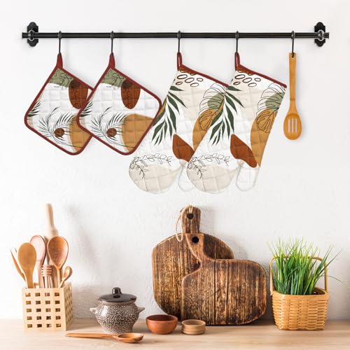 Boho Leaf Oven Mitts and Pot Holders Set (Boho Leaf / Oven Mitt x2 & Pot Holder x2)