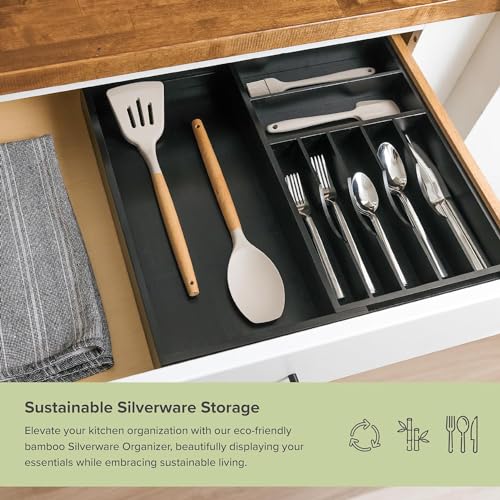 Silverware & Utensil Drawer Organizer (Black Bamboo / From 10.5" to 19" Wide)