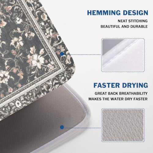 Boho Floral Dish Drying Mat Grey Leaves Dishes Drainer Pad 18x24 Inch Microfiber Absorbent Kitchen Dry Rack Mat for Counter Tableware Decor (Grey Boho Floral / 18x24 inch)