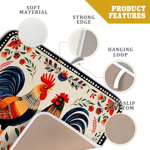 Roosters Chicken Dish Drying Mat for Kitchen Counter Absorbent Microfiber Drying Pad 16 x18 In (Chicken Art White / 18" x 16")