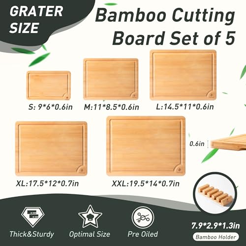 5 Packs Bamboo Cutting Board Set with Non Slip Feet Holder and Over Sink Nice Solid Thick Wood Juice Groove Chopping Board Small Big Xl XXl xlarge Oversized Kitchen Counter Organic Vegetable Meat Kit (5 Pack with Holder / Natural)