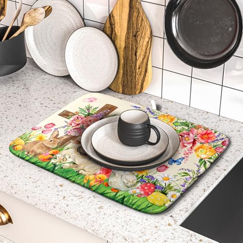 Easter Farmhouse Dish Drying Mat Funny Animal Dish Pad for Kitchen Counter Small 16 X 18 (Colorful Farmhouse Animal / 18" x 16")