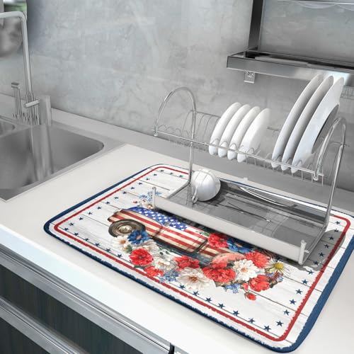 Patriotic Truck Dish Drying Pad 4th of July Drying Mat for Kitchen Counter Coffee Bar Sinks 18 X 24 Inch (Patriotic Truck Blue / 24" x 18")
