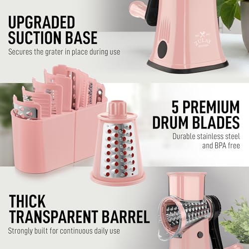 Rotary Cheese Grater Manual Hand Crank 5 Blade Shredder (5 Blades / Peach & Black)