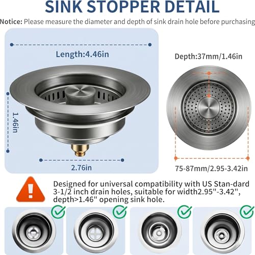 3 in 1 Kitchen Sink Drain Strainer & Pop Up Sink Stopper 2 Pack (Gunmetal Grey)