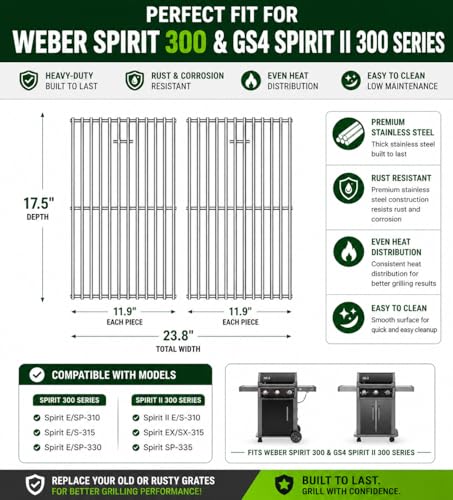 17 .5 Inch Grill Cooking Grates Replacement for Weber Spirit 300 (17.5" D x 23.8")