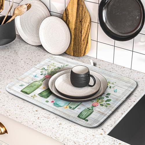Fern Leaf Vase Dish Drying Mat 16x18 Inch Eucalyptus Leaves Microfiber Absorbent Dish Drainer Mat Reversible Drying Pad for Kitchen Counter Sink (Fern Leaf Vase / 16" x 18")