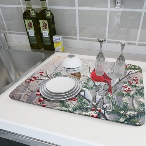 Red Bird Dish Drying Mat Merry Christmas Dishes Pad Absorbent Fast Dry Dish Drainer Mat Protector for Kitchen Counter 18 x 24 Inches (red bird / 18" x 24")