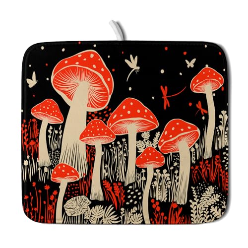 Red Mushroon Dish Drying Mat for Kitchen Counter Black Microfiber Absorbent Dish Pad Small (Red Mushroon 729 / 18" x 16")
