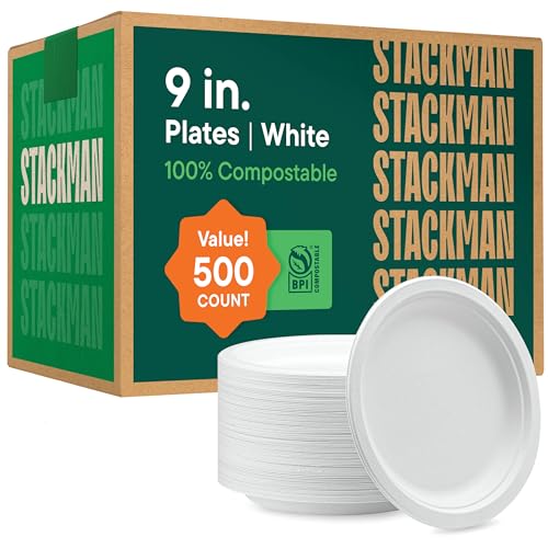 100% Compostable Paper Plates 9 Inch [500 Count] Heavy (9 inch Round -- 500 Pack)