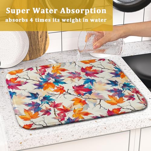 Maple Leaf Dish Drying Mat Fall Autumn Colorful Leaves Absorbent Dish Drain Mats for Holiday Season Kitchen Decoration (Maple Leaf 606 / 18" x 16")