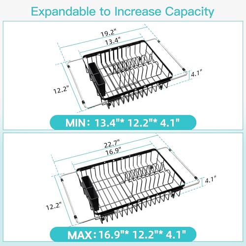 Black Dish Drying Rack Over the Sink with Utensil Holder (Black / For 12.5"-30"w Sink, Expandable)