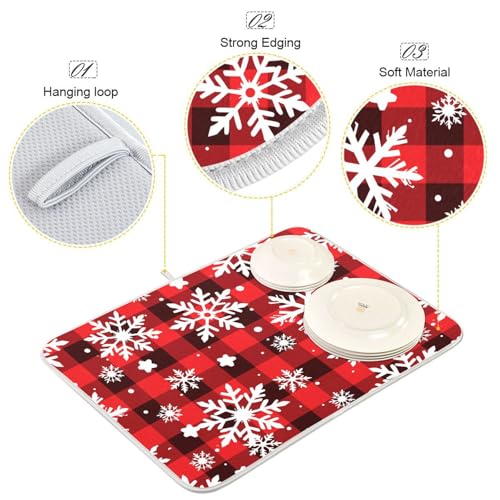 Snowflakes Christmas Tartan Plaid Dish Drying Mat for Kitchen Counter Absorbent Microfiber Drying Pad (18" x 24")