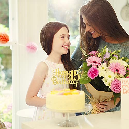 1 PCS Happy 15th Birthday Cake Topper Gold Glitter Cheers to 15 Years Birthday Cake Pick Mis Quince 15 Fabulous Cake Decoration for Happy 15th Birthday Theme Party Decorations Supplies (Gold / 15th)