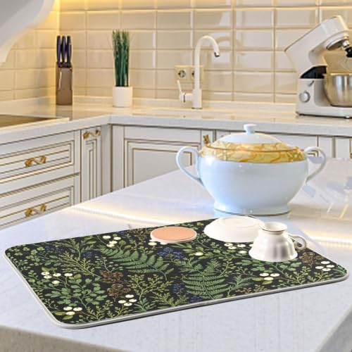 Sage Leaves Botanical Berry Plant Dish Drying Mat for Kitchen Counter Absorbent Microfiber Drying Pad (16" x 18")