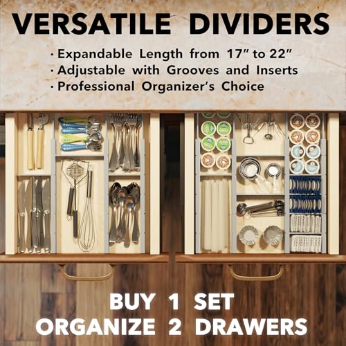 Bamboo Drawer Dividers with Inserts and Labels (2.35''H, 17''-22''L, 7 Dividers / GRAY)