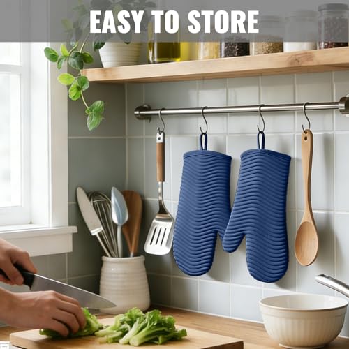 Silicone Oven Mitts (2PCS-12"L x 7"W/BLUE-WAVE SURFACE)