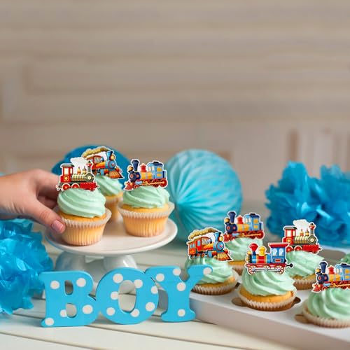 40PCS Edible Retro Train Cupcake Toppers Vintage Locomotiv Cupcake Picks for Retro Train Baby Shower Boys Girls Birthday Cupcake Decorations Traditional Transportation Party Decors (Edible)