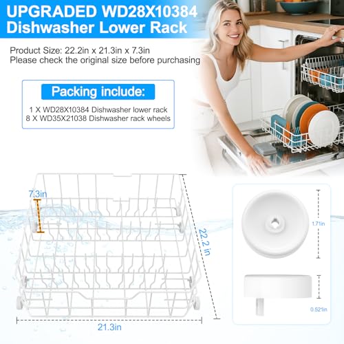 Upgraded WD28X10384 WD28X10309 Dishwasher Lower Rack Compatible with GE Dishwasher Rack Replacement Parts (22.2in x 21.3in x 7.3in WD28X10384 GE Rack)