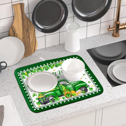Shamrock Gnome Truck Dish Drying Mat Lucky Clover Dish Drainer Mat 16x18 inch Absorbent Fast Dry Pad for Kitchen Counter Coffee Bar Decor (Shamrock Gnome Truck / 16" x 18")