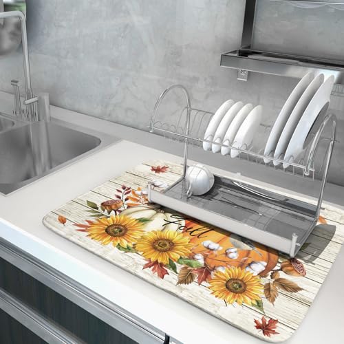 Hello Fall Dish Drying Mat Autumn Pumpkin Dish Drainer Rack Mats 18"x24" Fast Dry Microfiber Dish Drying Pad for Kitchen Countertop Table (Pumpkin Sunflower / 18" x 24")