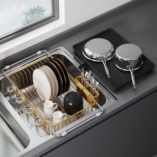 Gold Dish Drying Rack in Sink with Drainboard and Utensil Holder (Gold / For 12"-30"w Sink, with Drainboard)