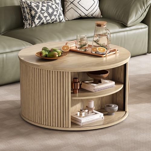31.5" Round Lift Top Coffee Table with Storage for Living Room (Rustic Oak)
