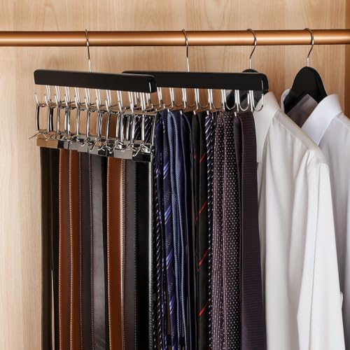 40 Hooks 2 in 1 Belt Tie Hanger Max 60 Belts 60 Ties Capacity (Black-2 Pack)