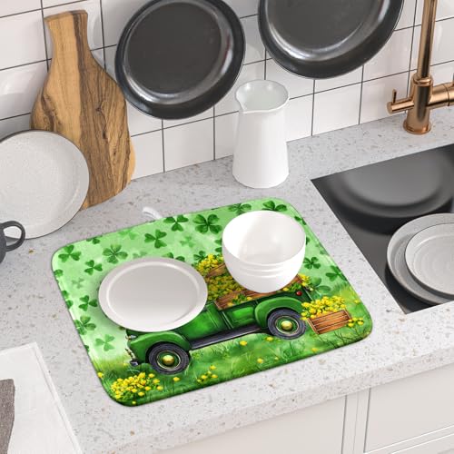 Dish Drying Mat for Kitchen Counter St Patricks Festival Decor Small (Green Lucky Truck / 18" x 16")