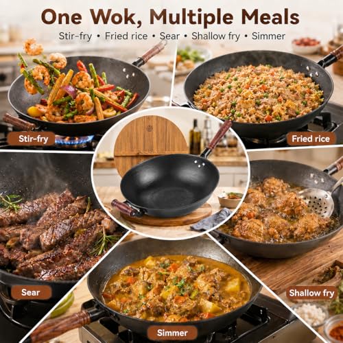 Cast Iron Wok Pan with Wooden Lid (13.4 Inch)